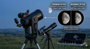 A lightweight National Geographic telescope and a Celestron Travel Scope packed into carry cases for British camping trips.