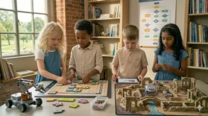 A focused 4-year-old using a friendly, colourful robot to learn basic coding commands through play.