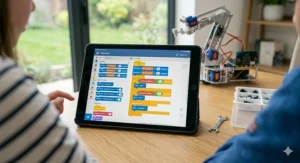 A tablet screen showing a block-based coding interface used to programme robot kits for 12 year olds.