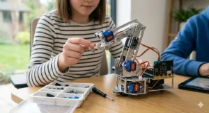 Close-up of mechanical gears and motorised components from a robotic arm kit designed for secondary school children.