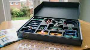 An overhead view of the Snap Circuits box contents, including the plastic base grid, connector wires, and various electronic modules.
