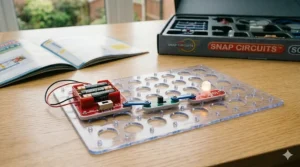 A simple completed Snap Circuits project featuring a battery pack, a slide switch, and a glowing LED light bulb module.