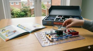 A Snap Circuits experiment showing a motor-powered fan blade ready to launch, demonstrating kinetic energy and circuit completion.