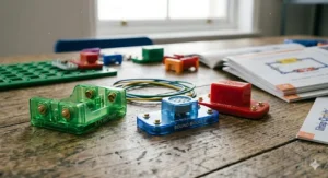 A top-down view of rugged Snap Circuits components, highlighting the durable plastic casing suitable for younger children and primary schools.