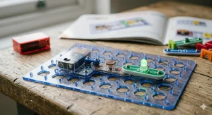 A Snap Circuits SC-300 kit being assembled on a blue plastic base grid, showing components snapped into place like building blocks.