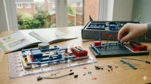 Snap Circuits components neatly organised next to a traditional breadboard to show the ease of use for primary school-aged children in the UK.