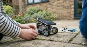 A 14-in-1 solar-powered robot kit being tested in a sunny British garden to teach renewable energy concepts.