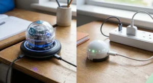 Alt text for image 8: A Sphero navigating a large floor mat compared to an Ozobot moving along modular puzzle tracks, showing the space requirements for each robot.
