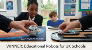Alt text for image 7: Comparing the Sphero inductive charging cradle with the Ozobot Evo micro-USB charging cable, showing different power management styles for UK classrooms.