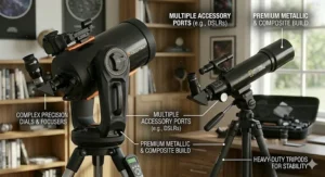 A kit of Celestron eyepieces and Barlow lenses alongside National Geographic telescope accessories and a smartphone adapter.