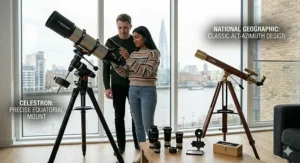 A price-to-performance chart for Celestron and National Geographic telescopes available at UK retailers.