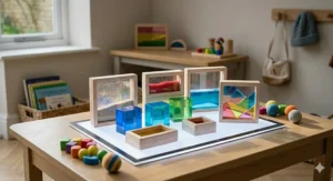 TickiT sensory blocks arranged on an LED light panel in an early years nursery setting.
