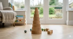 TickiT wooden toys sensory rainbow blocks with colourful translucent acrylic centres catching the sunlight.
