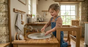 A young child independently washing a small ceramic bowl in a toddler-accessible Montessori kitchen sink with running water.