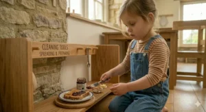 A toddler using a blunt stainless steel spreader to put butter on a slice of toast at their Montessori kitchen table.