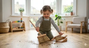 A Montessori-inspired child-sized broom and dustpan set for practical life skills.