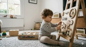 A compact fabric busy board with zips, buttons, and buckles attached to a pushchair, keeping an 18-month-old engaged on the go.