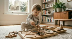 A collection of wooden musical instruments including a rainmaker and maracas, serving as auditory Montessori sensory toys for toddlers.