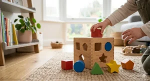 A classic wooden shape sorting cube helping a British toddler with problem-solving and logic.