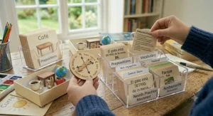 Studying advanced language learning flashcards with verb conjugations and idioms in a desktop organiser.