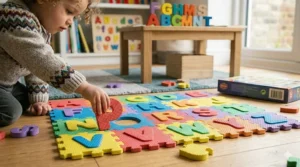 A toddler sitting on a nursery floor, carefully placing the letter 'P' into a colourful foam alphabet floor puzzle.
