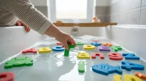 Educational foam alphabet toys floating in a bubble-filled bath, with a child's hand reaching to pick one up during playtime.