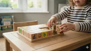 Wooden alphabet blocks for matching letter sounds during phonics play.