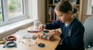 A student carefully assembling a protective Raspberry Pi case as part of their computing project.
