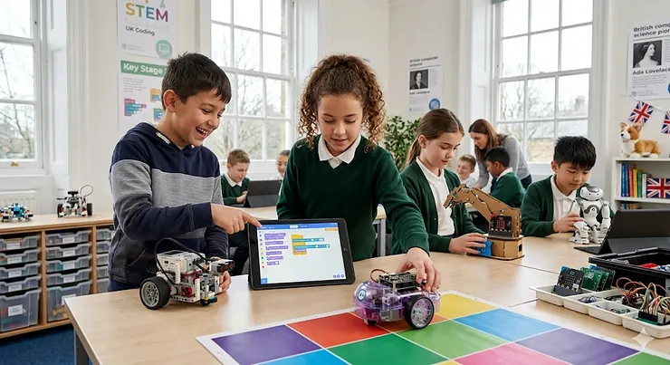 A 10-year-old student confidently programming a robotic kit in a bright UK classroom setting. coding robots for 10 year olds