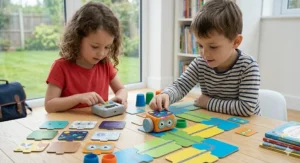 Primary school children playing with the Botley 2.0 coding robot together.