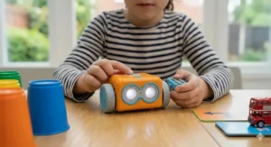 Close-up of the Botley 2.0 coding robot with its light-up eyes glowing.