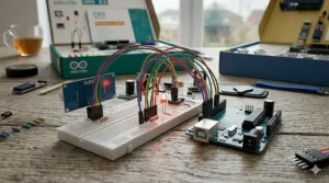 A detailed electronic circuit prototype built on a breadboard using jumper wires and components.