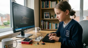 A young student focusing on a computer screen while programming with a Raspberry Pi kit in a home setting.