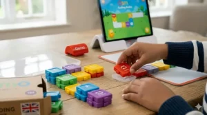 A child connecting coding blocks while using a tablet base for the Osmo Coding Starter Kit.