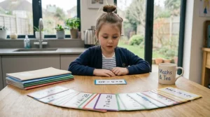 A primary school student sitting at a table at home, focused on learning maths using colourful times tables flashcards.
