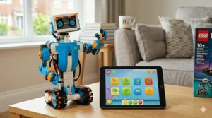 A photo-illustration of diverse British children collaborating on LEGO robotics projects within a well-lit STEM club environment, using both Boost and Mindstorms sets for learning.