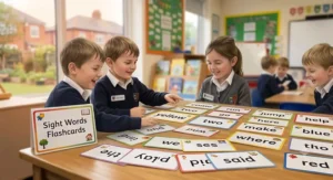 A small group of pupils working together in a classroom using sight words flashcards for peer-to-peer learning.
