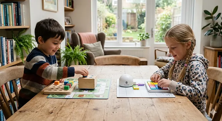 A young boy and girl sitting at a wooden table in a home setting, comparing the wooden Cubetto robot and the Matatalab coding set. Cubetto vs Matatalab which is better