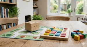 The wooden Cubetto robot sits next to its tactile, wooden programming board and colourful command blocks on a rustic table.