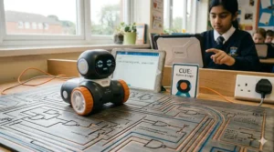 Tablet screen displaying block-based coding for the Dash robot within a school environment.