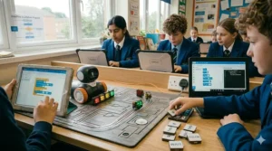 Students comparing coding complexity between Dash and Cue robots in a school lesson.