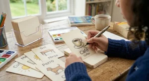 A student using a fountain pen to write on language learning flashcards during a study session.