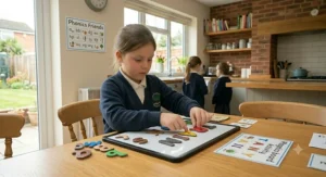 Alt text for image 7: A child wearing a school uniform enjoys a DIY spelling scavenger hunt at home, using a homemade magnifying glass to find word clues.