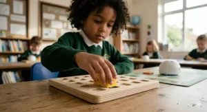 A pupil in a UK primary school uniform using physical coding blocks, set in a classroom environment.