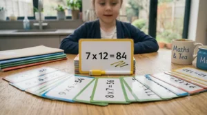 A set of durable, wipe-clean laminated times tables flashcards suitable for classroom or home use.