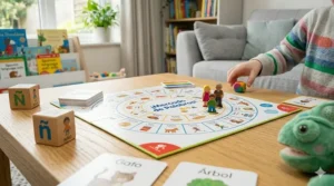 An educational Spanish board game spread out on a wooden table, featuring colourful game pieces and vocabulary cards for family learning.