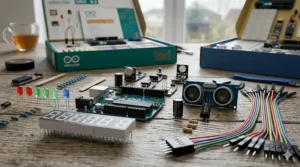 Various electronic components, including sensors, LEDs, and jumper wires from an open kit, spread across a workbench.