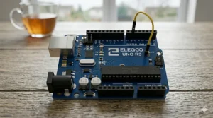 Close-up photograph of the Elegoo Uno R3-compatible development board, which uses a dark blue PCB with Elegoo branding.