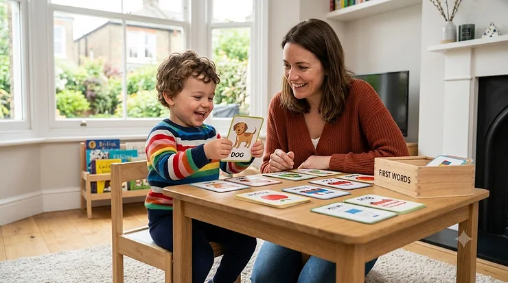A close-up of dynamic 'Action' flashcards being used by a small child, including one showing a child 'Jumping' in a park. flashcards for 2 year olds