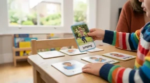 Hand holds a detailed animal flashcard with a kitten, while other animal cards rest on a natural wood table, illuminated by natural light.